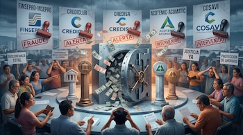 Una bóveda bancaria abierta con dinero volando, rodeada de carteles de fraude de Finsepro-Insepro, Crediclub, Credisa, ACOTEMIC-ACOMATIC y COSAVI. Ciudadanos preocupados observan.