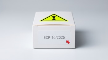 Caja de medicamento genérico blanca sobre fondo gris claro con la fecha de vencimiento 10/2025 visible y un símbolo de advertencia amarillo y negro.