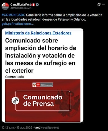 cancillería anuncia nueva jornada de votación para peruanos en el extranjero. Captura: El Peruano.