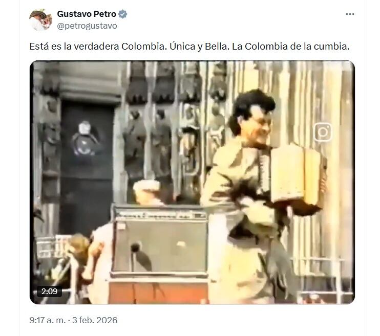 Petro compartió el video que un día antes dejó el maestro acordeonero en su cuenta de Instagram - crédito @petrogustavo/X