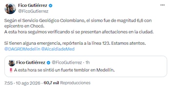 Federico Gutiérrez se pronunció por sismo en Colombia - crédito @FicoGutierrez/X