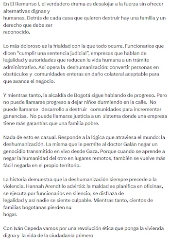 Gustavo Bolívar acusó a la administración de Carlos Fernando Galán de favorecer intereses privados en proceso de desalojo - crédito @GustavoBolivar/X