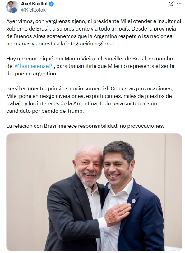 El gobernador Axel Kicillof se expresó a través de X respecto de los dichos de Milei