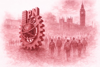 Ilustración en acuarela color guinda con el logo del IPN en primer plano, estudiantes caminando al fondo, y el Big Ben y el Palacio de Westminster en el horizonte.