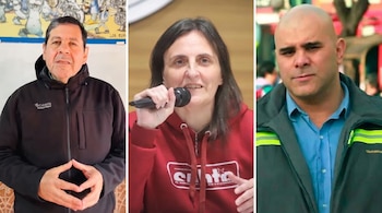 Tres retratos individuales dispuestos en hilera: Néstor Segovia a la izquierda, Virginia Bouvet al centro y Claudio Dellecarbonara a la derecha.