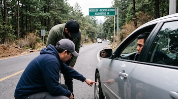 Un hombre agachado señala la rueda de un auto gris mientras el conductor lo observa desde la ventana en una carretera con un letrero verde.