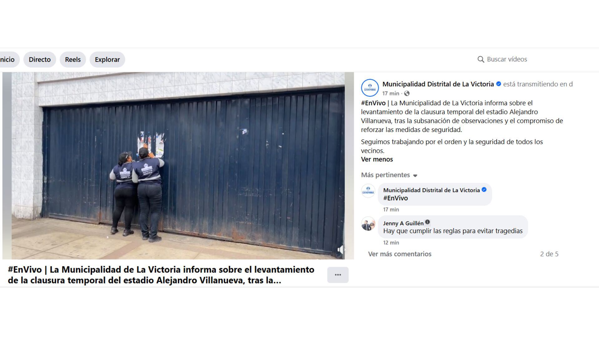 Municipalidad de La Victoria levantó la clausura de Matute.