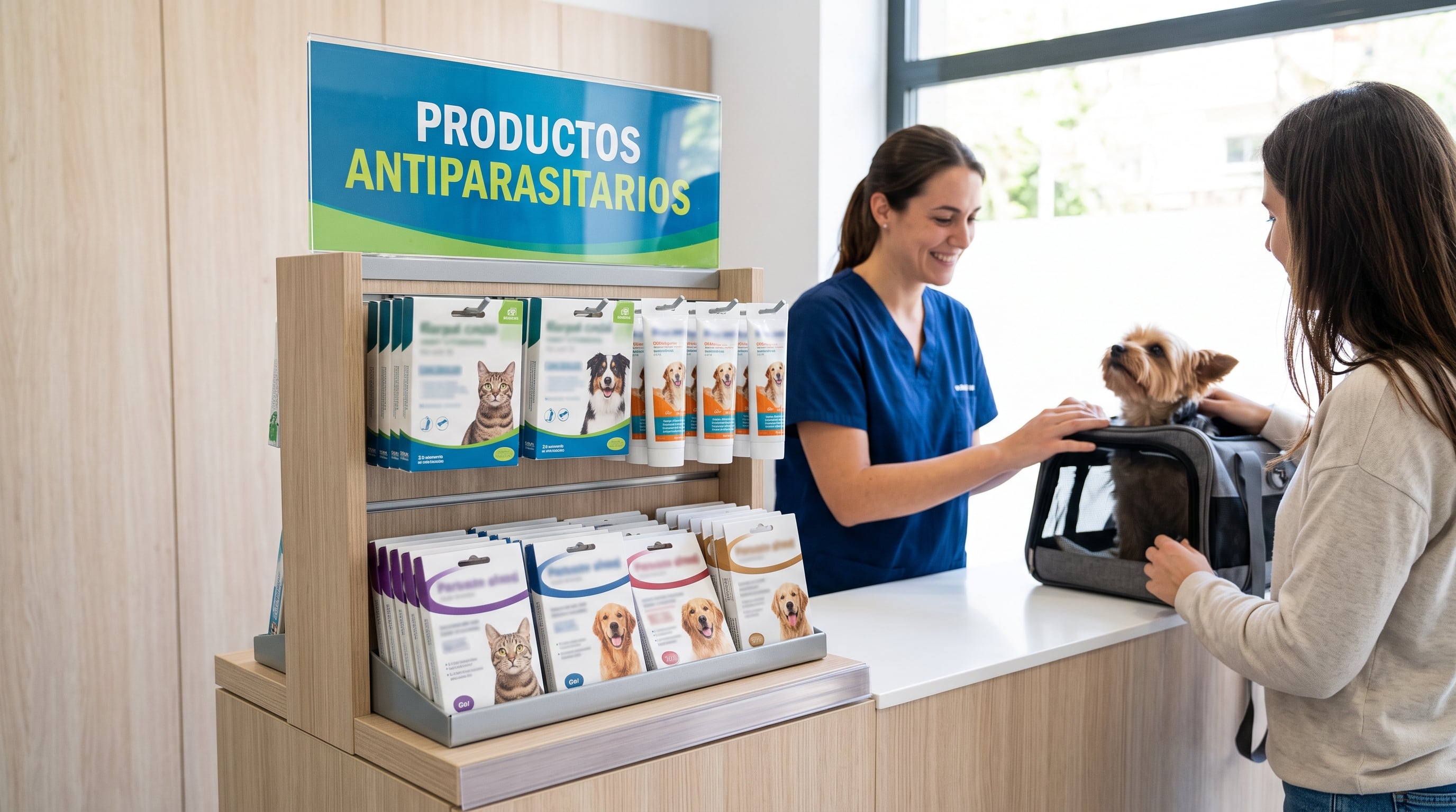 Una veterinaria atiende a una clienta con un perro en el mostrador de recepción junto a un estante de productos antiparasitarios. (Imagen Ilustrativa Infobae)