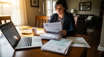 Una mujer sentada a una mesa de madera revisa documentos del IRS con una pluma. Junto a ella, una laptop abierta, una taza y un plato con comida bajo luz natural.