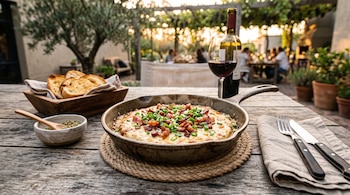 Sartén de hierro con queso fundido, panceta y verdeo sobre una mesa de madera, junto a pan tostado, cubiertos y una copa de vino.