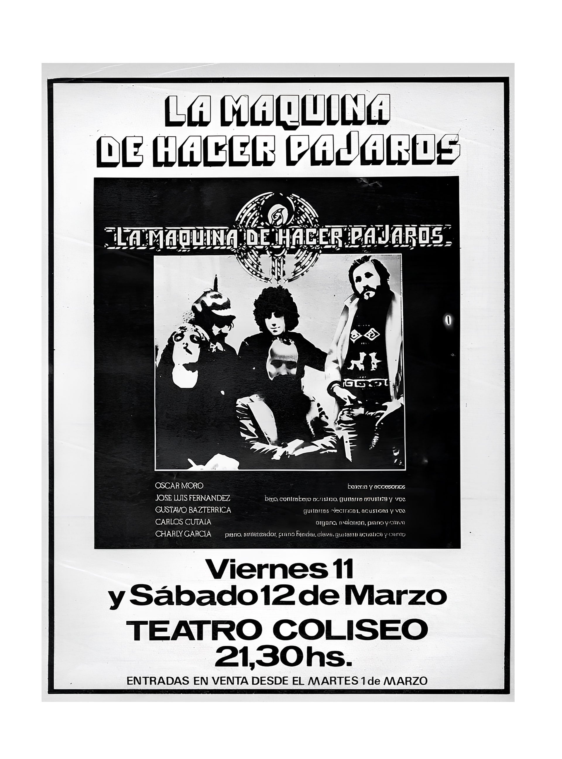 Moro en un afiche de La Máquina de hacer pájaros, la banda que formó Charly García y precedió a Serú Girán