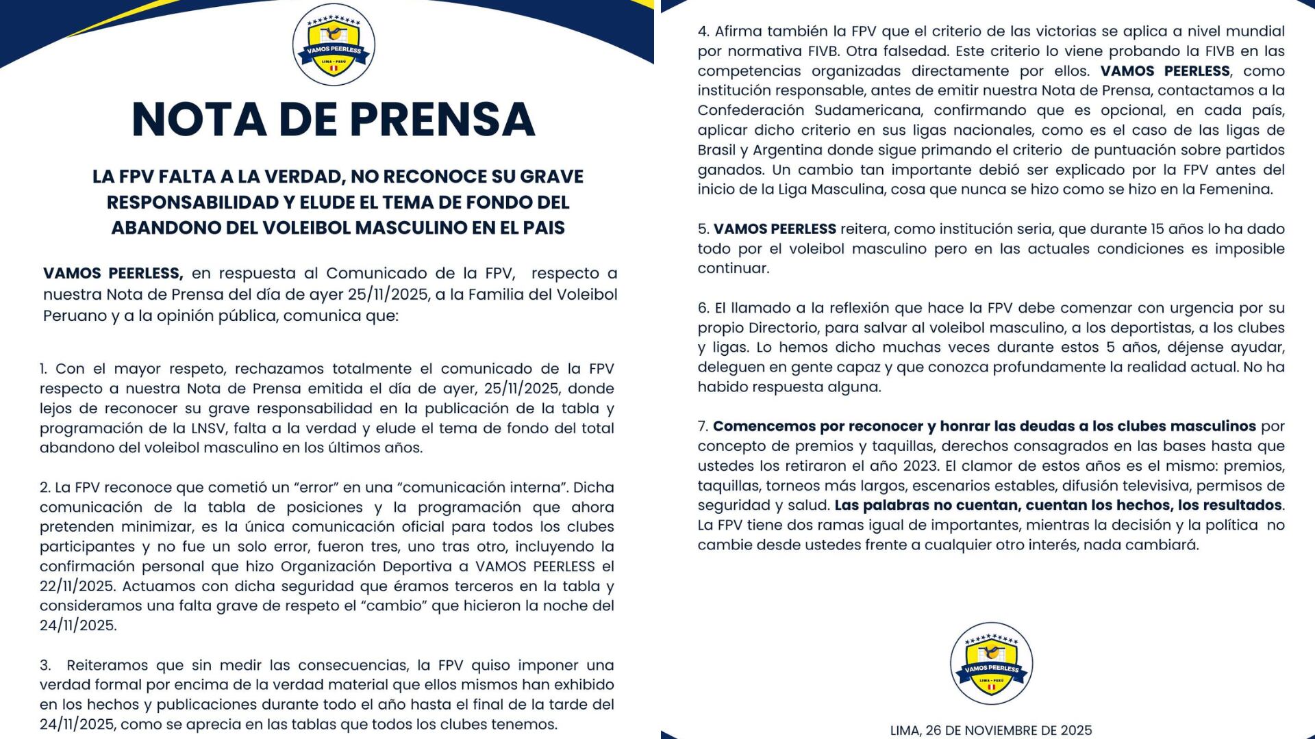 La firme respuesta de Vamos Peerless a la FPV.