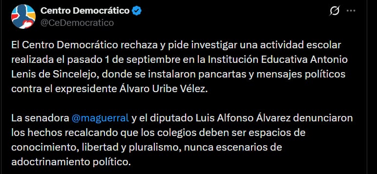 El Centro Democrático señaló que la senadora María Angélica Guerra López y el diputado Luis Alfonso Álvarez pusieron el caso en conocimiento público - crédito @CeDemocratico/X