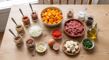 Recipientes sobre una mesa de madera contienen cubos de calabaza, carne picada, cebolla, pimiento, queso, especias, aceite y un huevo.
