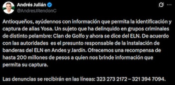 El gobernador de Antioquia pidió