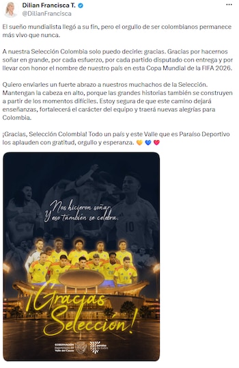 Dilian Francisca Toro resaltó orgullo y gratitud hacia la Selección Colombia tras ser eliminados del Mundial 2026 - crédito @DilianFrancisca/X
