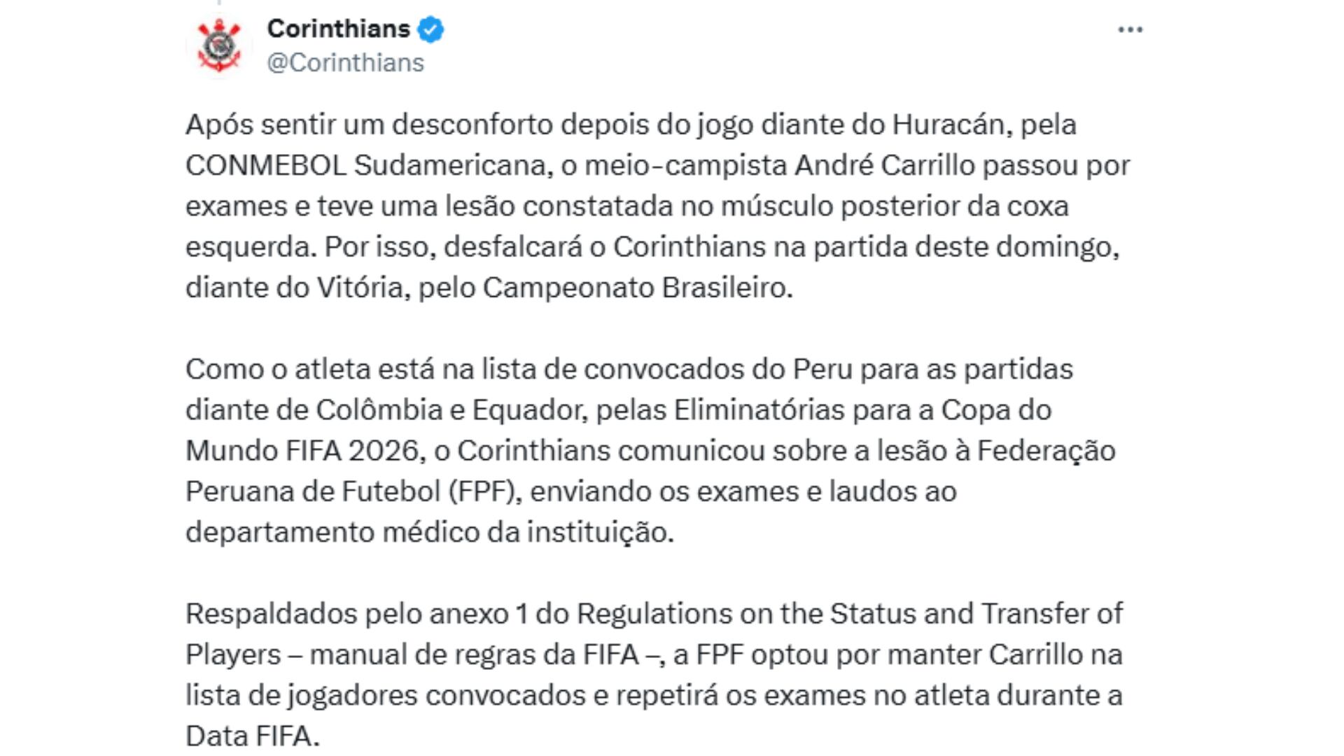Corinthians comunicó el diagnóstico médico de André Carrillo. Crédito: Captura X