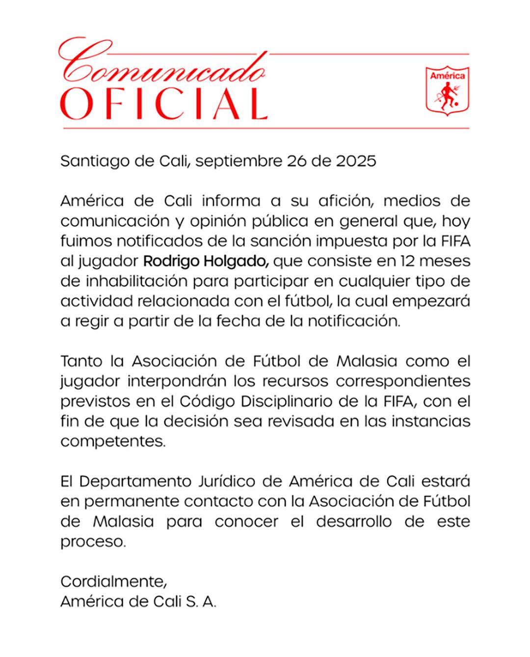 El comunicado de América de Cali sobre Rodrigo Holgado