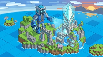 Robot cúbico azul sobre una isla de bloques verdes y rocas, junto a una torre con un cristal brillante, cascadas y el mar.