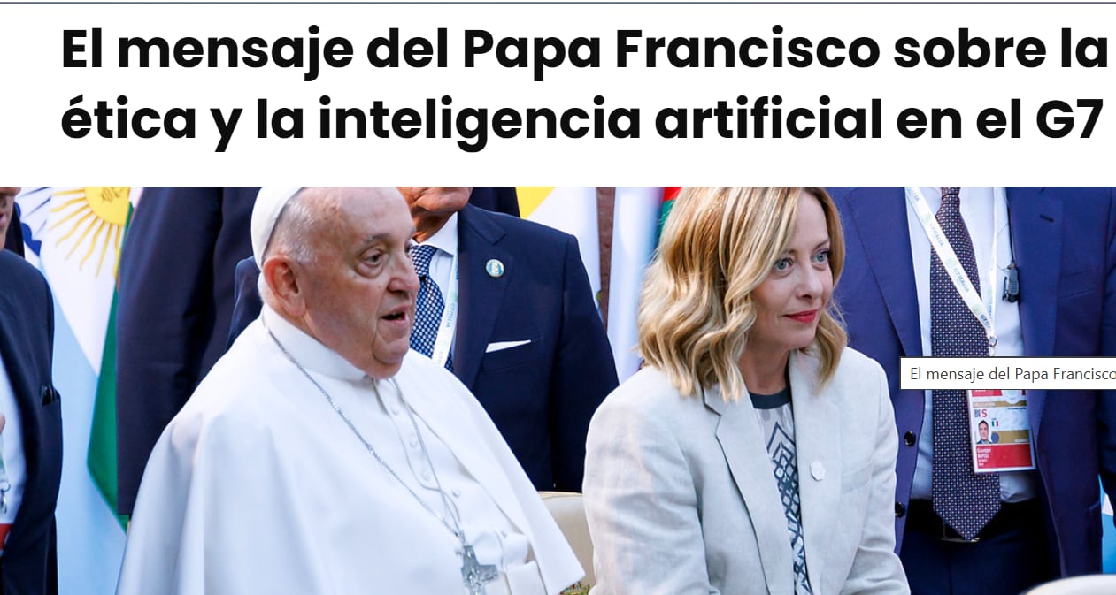 El Papa Francisco y la primera ministra italiana Giorgia Meloni conversan durante la cumbre del G7, donde el Pontífice presentó su mensaje sobre la ética y la inteligencia artificial.