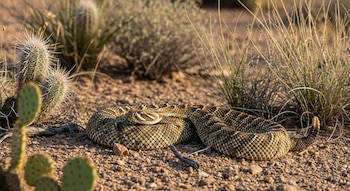 Serpiente de cascabel diamante occidental enrollada sobre tierra, con cactus y hierba seca en un paisaje desértico.