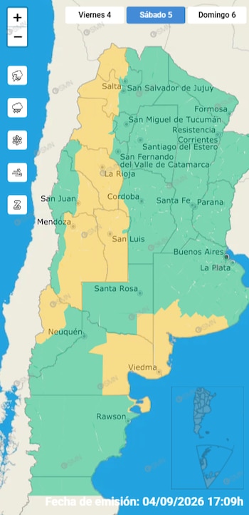 El SMN emitió alertas amarillas por viento para este sábado en distintas regiones del país