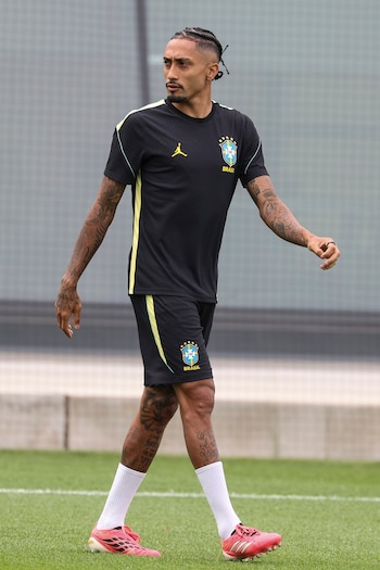 El delantero de Brasil Raphinha durante un entrenamiento en el centro de entrenamiento Columbia Park en Morristown, New Jersey (EFE/SEBASTIÃO MOREIRA)