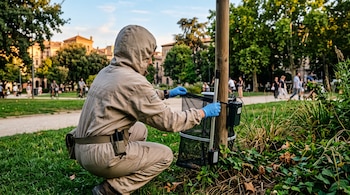 Un trabajador con traje beige y guantes azules coloca una red de captura junto a un poste de madera en un área verde.