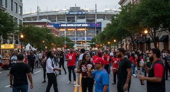 Una multitud de personas en una calle concurrida en Atlanta; al fondo, un estadio grande con el letrero 'FIFA World Cup 2026'. Algunos llevan bebidas.