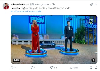 Captura de una publicación en X con texto y una escena de un hombre y una mujer sobre plataformas iluminadas en un plató de televisión