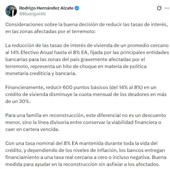Rodrigo Hernández Alzate, gerente de Empresa de Vivienda de Antioquia, indicó que reducir 600 puntos básicos (del 14% al 8%) en un crédito de vivienda disminuye la cuota mensual de los deudores en más de un 30% - crédito @RodrigoHAl/X