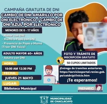 Los requisitos contemplan la presentación del DNI del menor y de uno de los padres para los niños, y solo el documento vigente para mayores de 60 años - Créditos: Municipalidad de Chaclacayo.