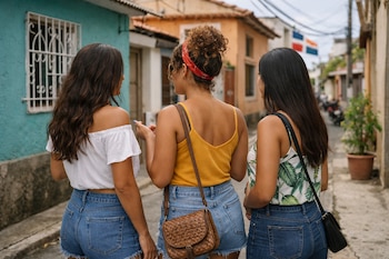 Vista trasera de tres mujeres jóvenes con pelo oscuro caminando en una calle con casas coloridas. Una bandera dominicana y vegetación en maceta son visibles.