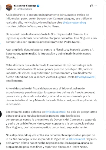 El abogado Alejandro Carranza aseguró que Day Vásquez, integrantes de su familia y la ministra Elsa Noguera hicieron negocios presuntamente ilícitos - crédito @HombreJurista/X