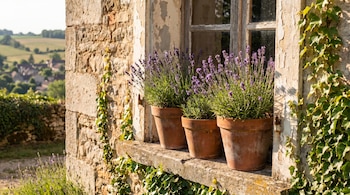 Tres macetas de lavanda morada sobre un alféizar de piedra bajo una ventana rústica. Una pared de piedra con hiedra y un paisaje verde difuminado al fondo.