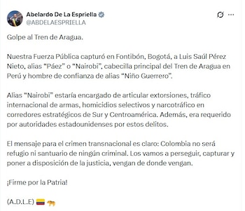 Abelardo De la Espriella afirmó en sus redes sociales que la Fuerza Pública realizó la captura de alias “Nairobi” en Bogotá - crédito @ABDELAESPRIELLA/X