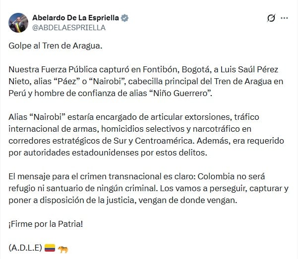 Abelardo De la Espriella afirmó en sus redes sociales que la Fuerza Pública realizó la captura de alias “Nairobi” en Bogotá - crédito @ABDELAESPRIELLA/X