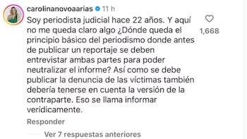 Periodistas como Carolina Novoa y Karla Arcila cuestionaron el manejo informativo del caso y reclamaron la contrastación de versiones - crédito @soyrafaelpoveda/IG