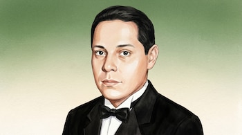 Ilustración de un hombre de piel clara, cabello oscuro peinado hacia atrás, ojos grandes, vistiendo esmoquin negro con moño, sobre fondo degradado verde y crema.
