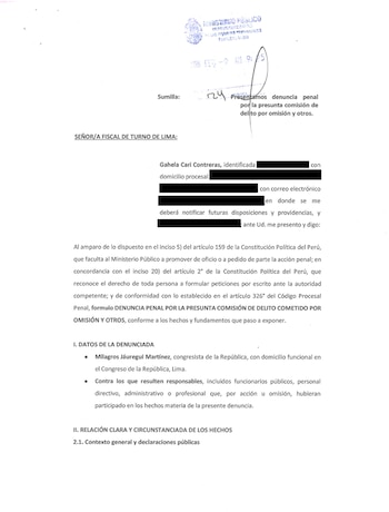 Denuncia a la congresista Milagros