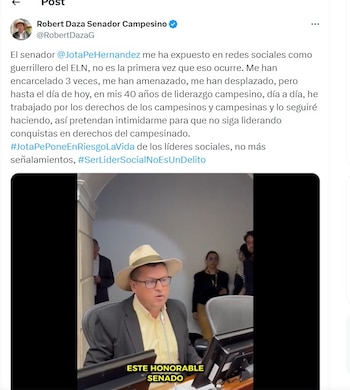 Robert Daza dice que Jota Pe Hernández pone en riesgo la vida de los líderes sociales - crédito @RobertDazaG