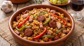 Un plato de barro con migas, trozos de chorizo, tocino, pimientos rojos y verdes, ajos enteros, y una rama de tomillo. Fondo con ajo, uvas y copa de vino tinto.