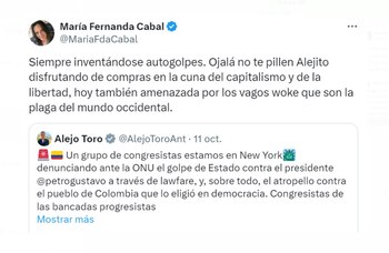 María Fernanda Cabal arremetió irónicamente contra el congresista Alejandro Toro en redes sociales - crédito @MariaFdaCabal/X