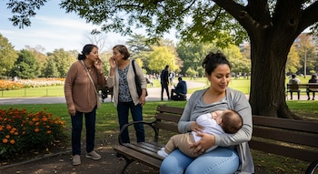 Una mujer sentada amamanta a un bebé. Otras dos mujeres de pie, con la mano en la boca, las miran y conversan en un parque con árboles y flores.
