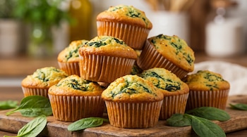 Una pila de muffins de espinaca sobre una tabla de madera rústica con hojas de espinaca fresca alrededor en un fondo de cocina desenfocado.