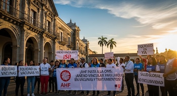 Un grupo de personas protestando al aire libre frente a un edificio antiguo de piedra con arcos, sosteniendo pancartas bajo un cielo claro al atardecer.