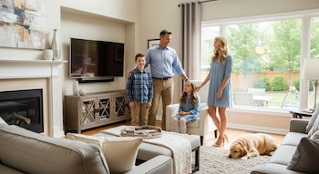 Una familia sonriente de cuatro, con un labrador dorado acostado, posa en una luminosa sala de estar moderna con sofás, chimenea, televisor y una ventana grande.
