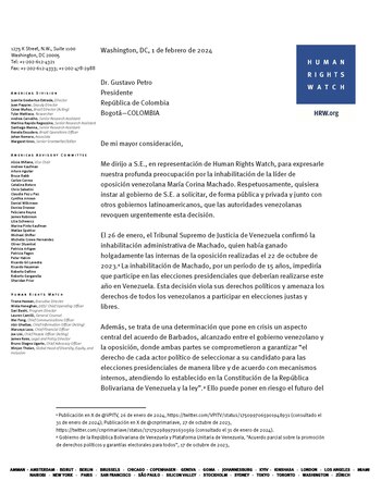 Carta de HRW a Gustavo Petro