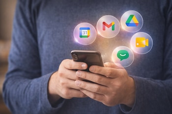 Persona sujetando un smartphone; burbujas con los iconos de Google Calendar, Gmail, Google Drive, Google Meet y Google Chat flotan sobre él.