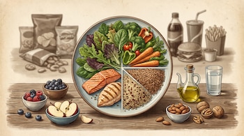 Plato con ensalada, verduras, salmón, pollo, quinoa, trigo. Cuencos con frutos rojos, arándanos, manzana, almendras, nueces. Aceite y agua. Alimentos procesados difuminados al fondo.
